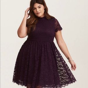 DEEP PURPLE HIGH NECK LACE SKATER DRESS